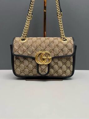 Gucci Beige GG Canvas Shoulder Bag with Black Trim and Gold Hardware
